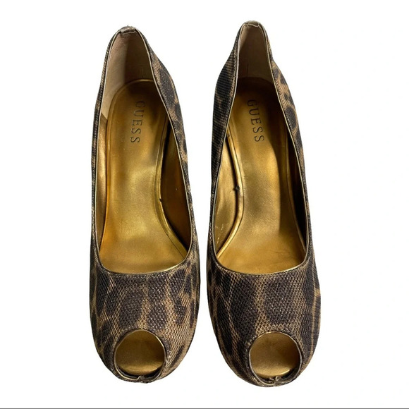 🛍️3/$40 Guess Leopard Print Peep Toe Metallic Heel Size 8.5 - Picture 4 of 7